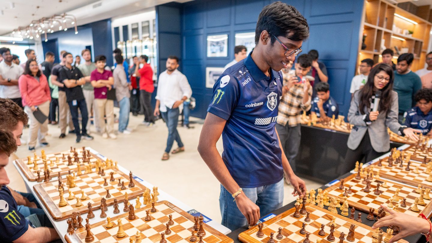 Grandmaster Praggnanandhaa playing multiple chess games simultaneously at IMC’s Mumbai office