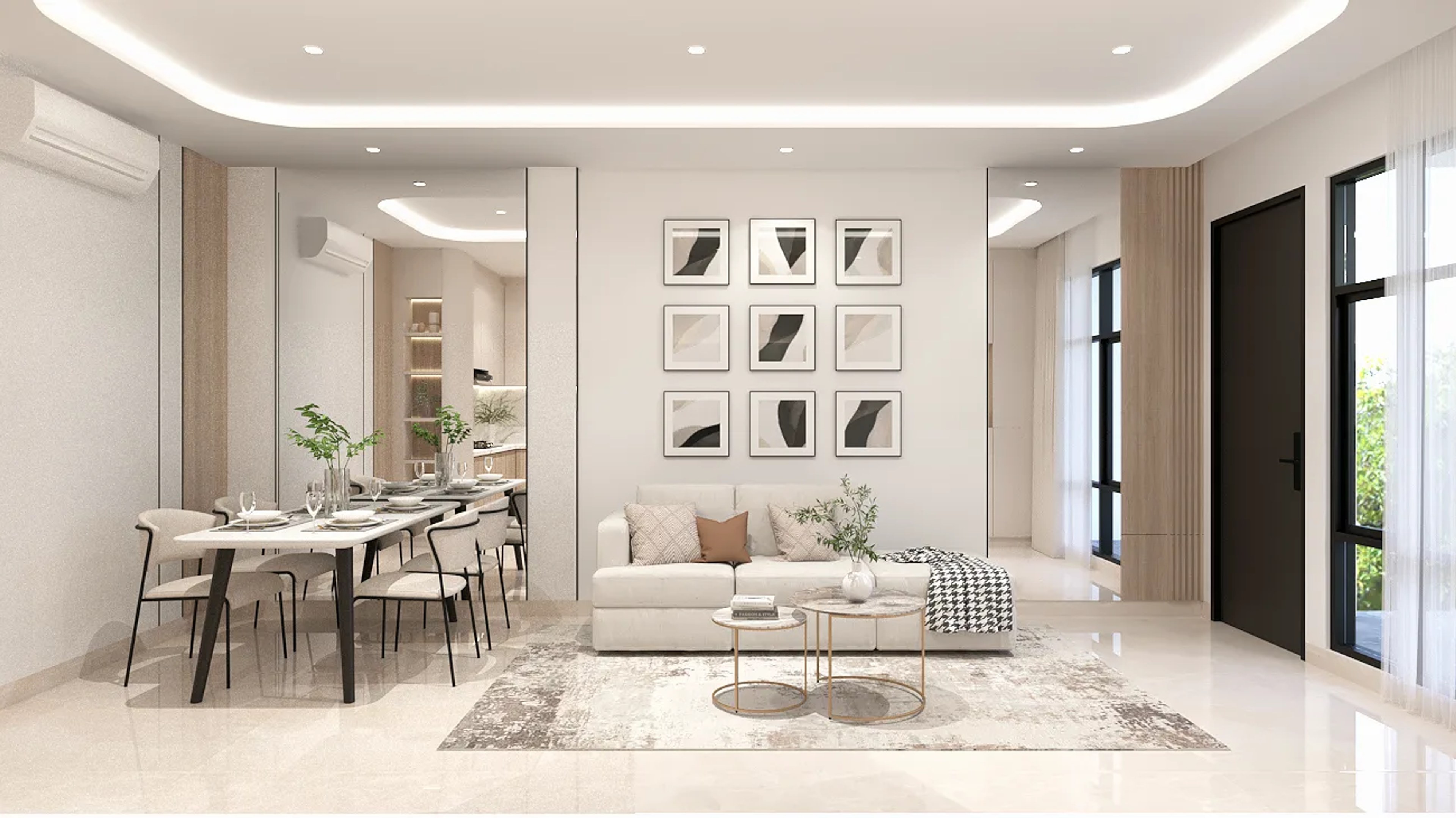Open living and dining room with a framed gallery wall