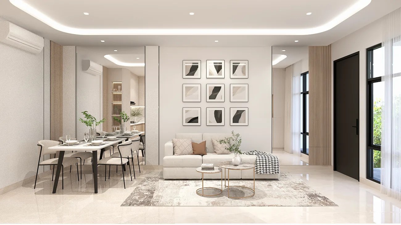 Open living and dining room with a framed gallery wall