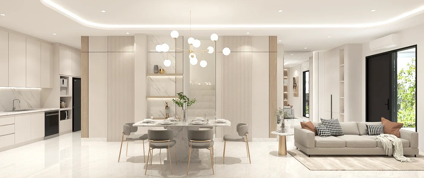 All-white dining room under a cluster pendant light