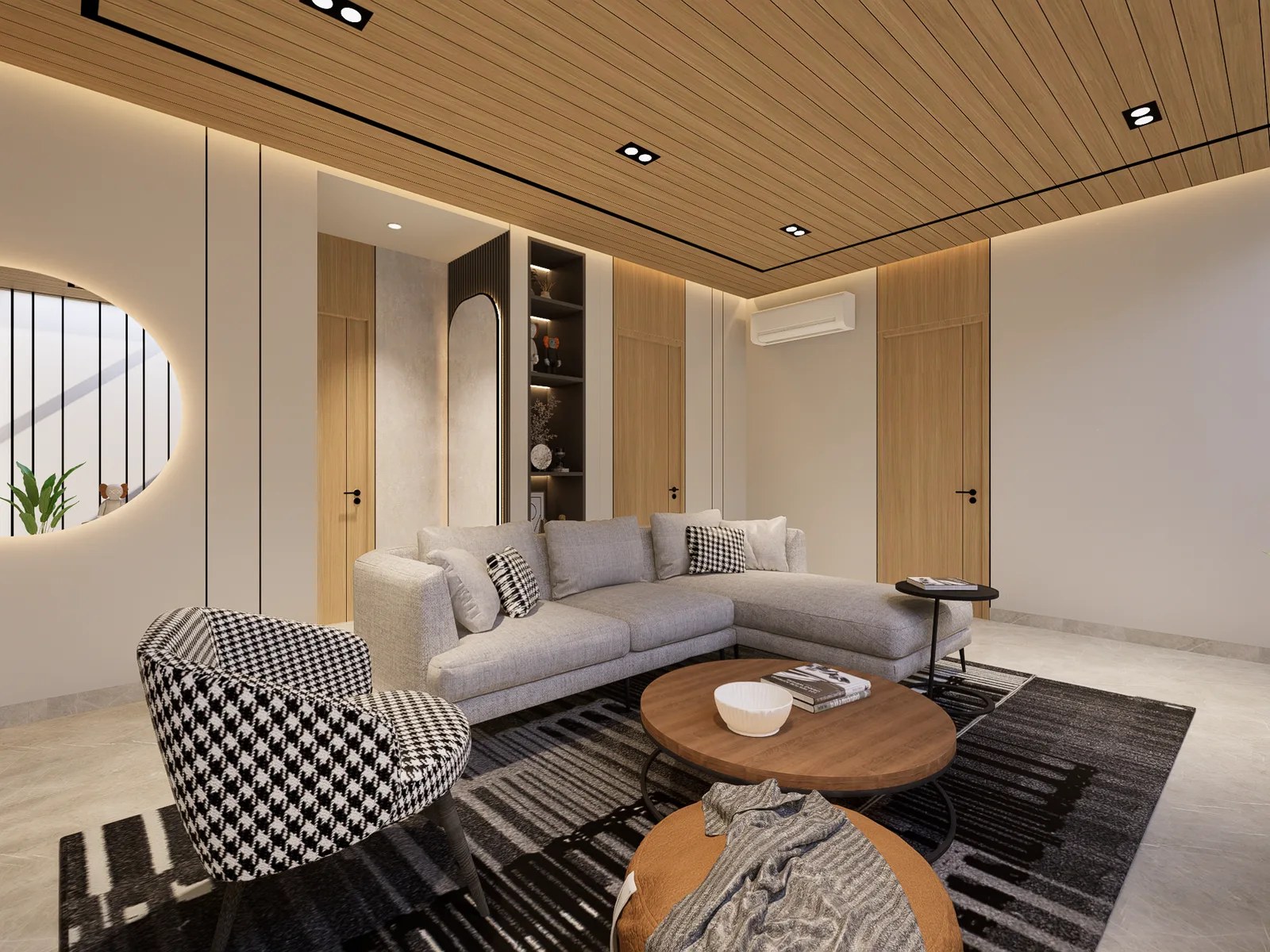 Family living room with a wrapped timber ceiling and houndstooth accent chair