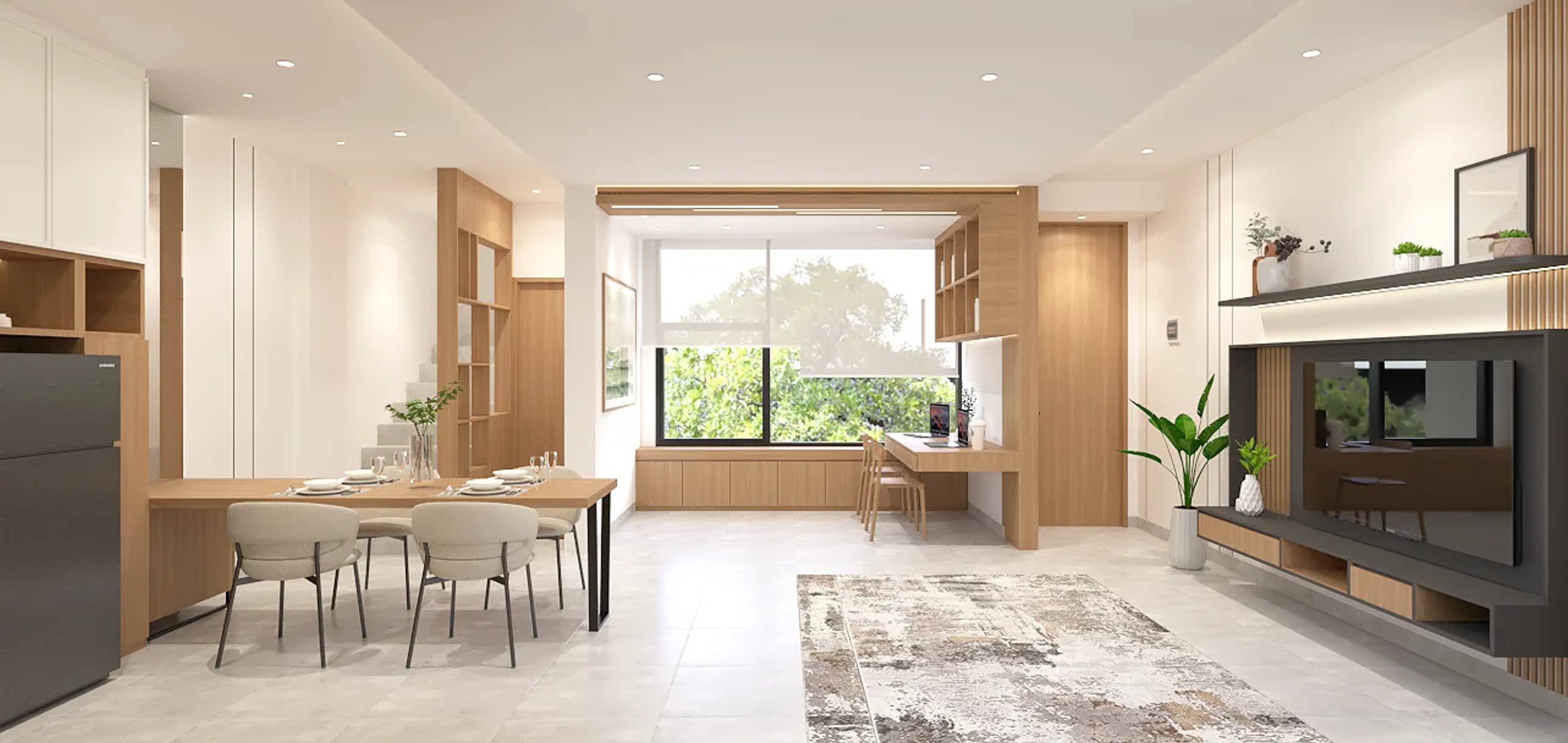 Open dining area opening onto a garden by KHO design