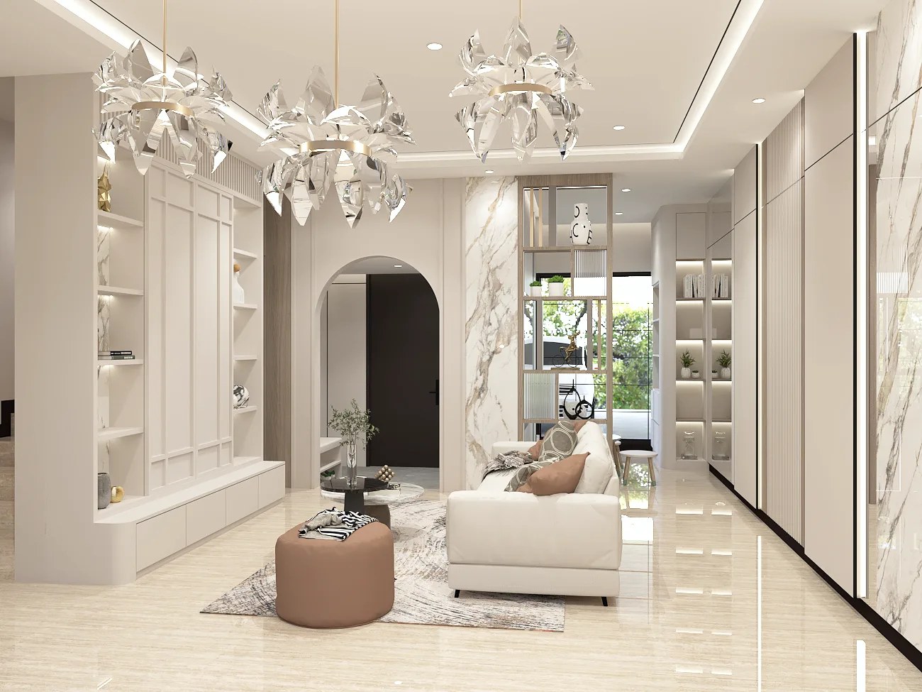 Chandelier-lit living and dining room with warm timber accents