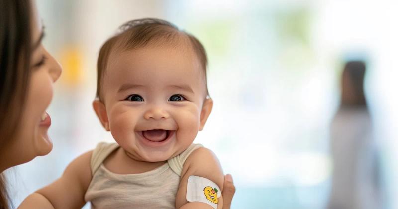 Bayi tersenyum ceria digendong ibu, melambangkan tumbuh kembang anak yang sehat berkat nutrisi cukup