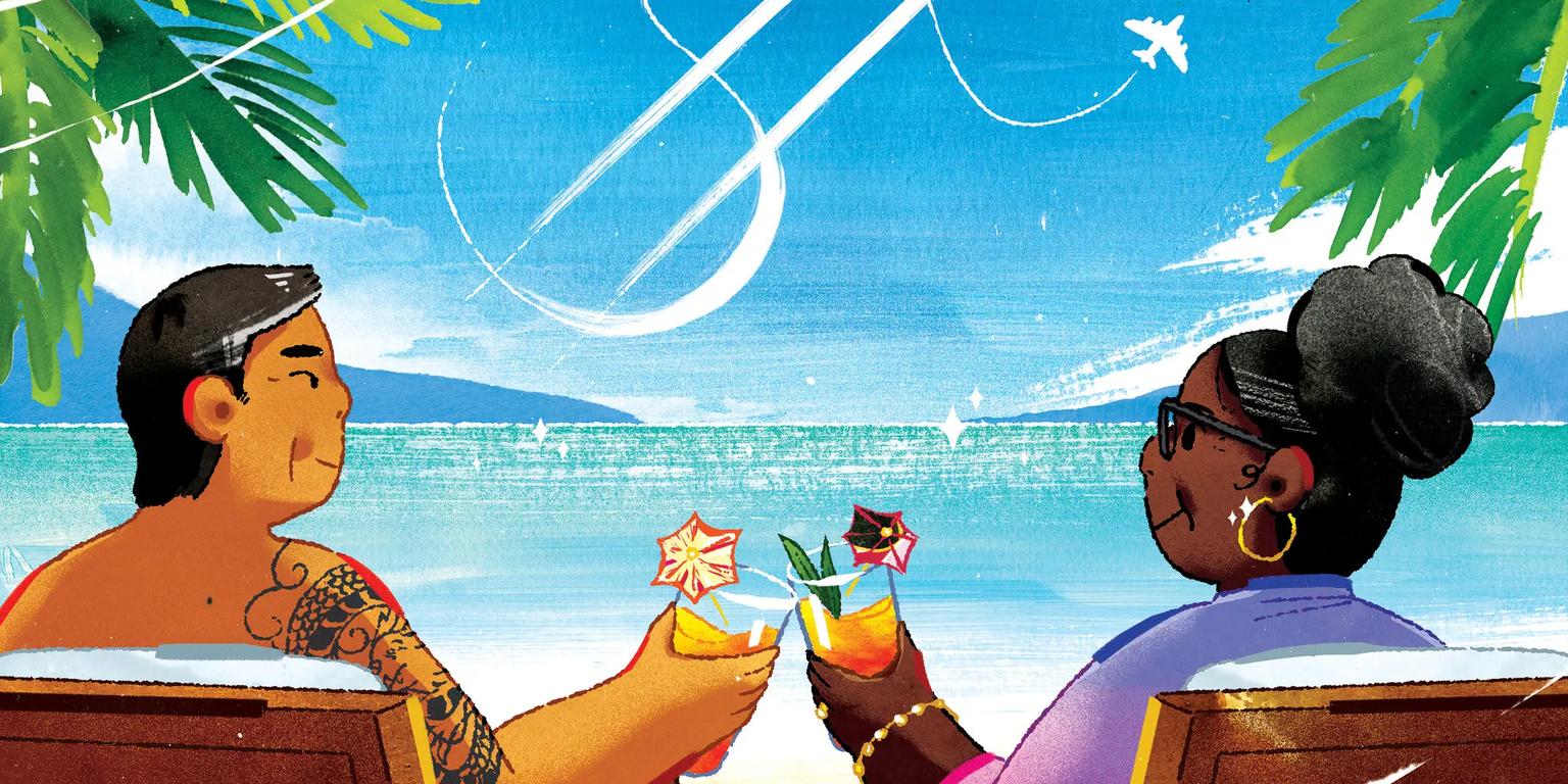 Two people relaxing on a tropical beach with drinks, a dollar sign in the sky, and a plane flying overhead.