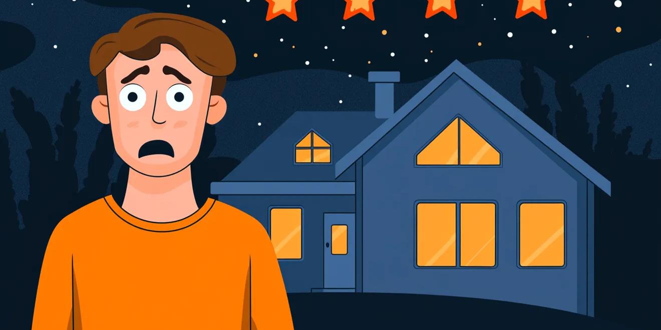 A worried man looks at four glowing stars above a house at night.