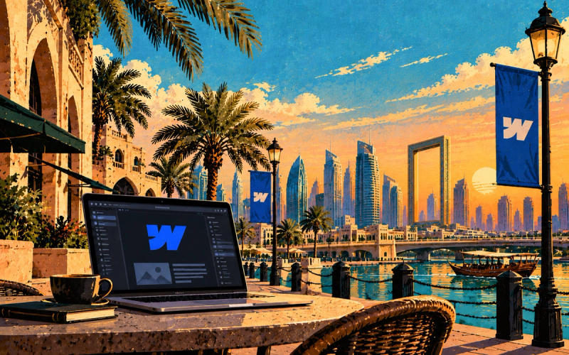 Patio Seating Table with Dubai view, Featuring the Webflow Logos and Webflow dashboard