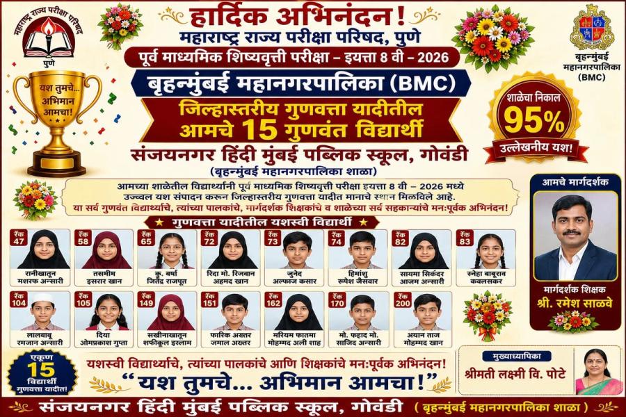 संजयनगर हिंदी मुंबई पब्लिक स्कूलचे शिष्यवृत्ती परीक्षेत दैदिप्यमान यश; १५ विद्यार्थ्यांची गुणवत्ता यादीत निवड