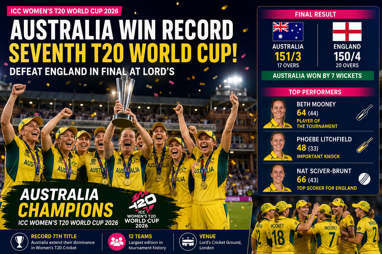 Australia Clinch Record Seventh ICC Women's T20 World Cup 2026 Title After Dominant Win Over England