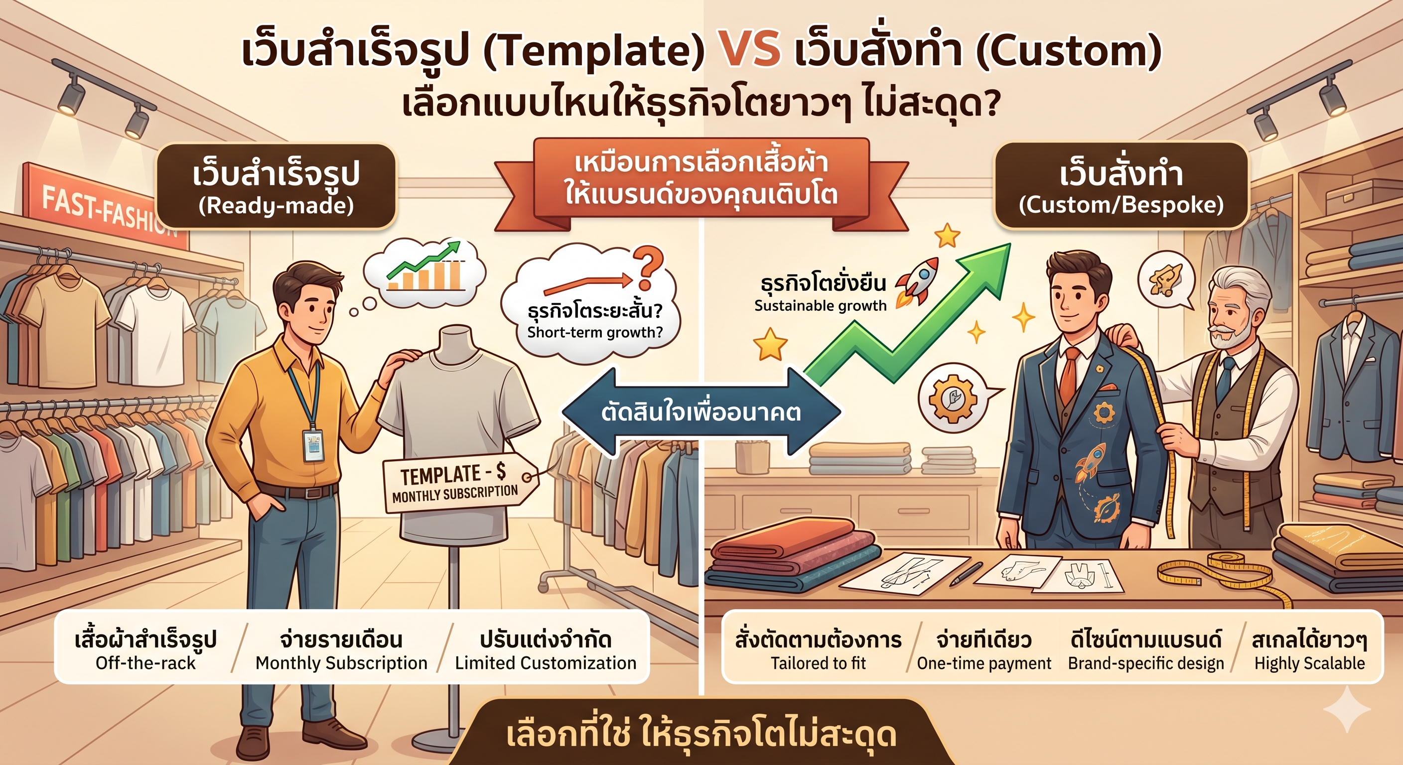เว็บสำเร็จรูป VS เว็บสั่งทำ (Custom) เลือกแบบไหนให้ธุรกิจโตยาวๆ ไม่สะดุด?