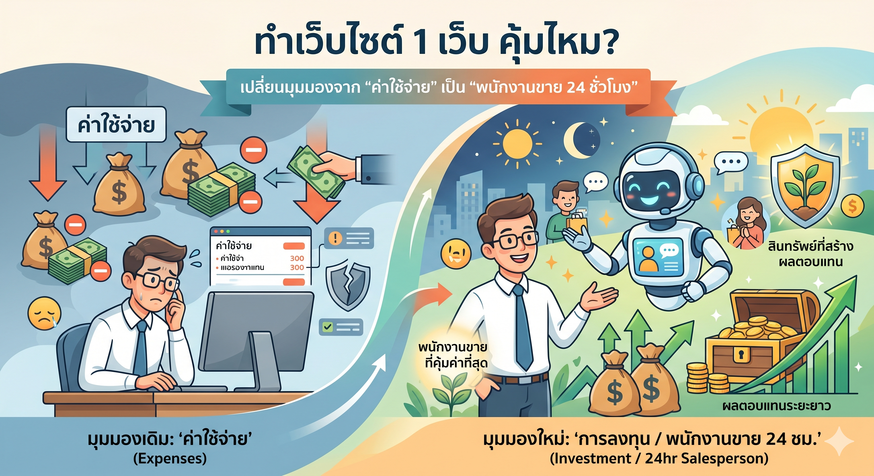 ทำเว็บไซต์ 1 เว็บ คุ้มไหม? เปลี่ยนมุมมองจาก "ค่าใช้จ่าย" เป็น "พนักงานขาย 24 ชั่วโมง"
