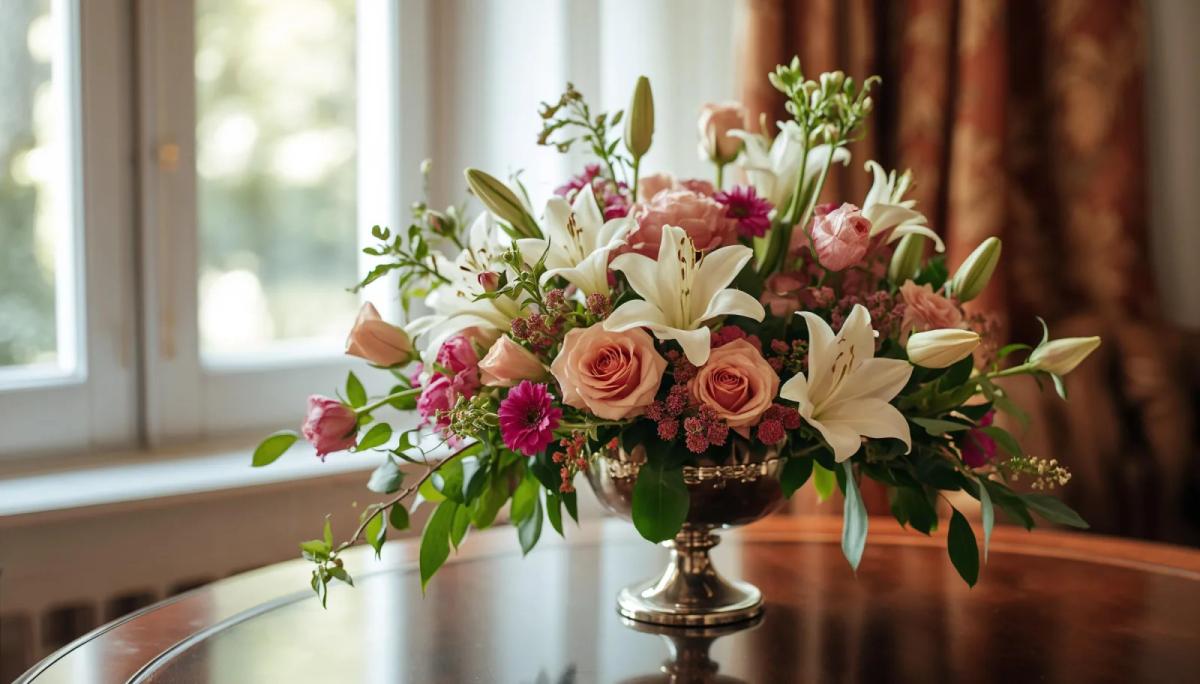 Soft peach blooms and lilies in a gentle pastel arrangement
