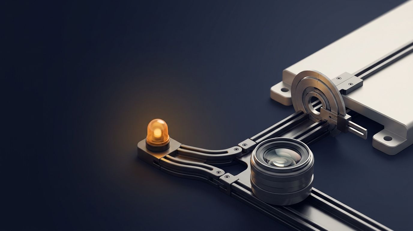 A camera lens approaches a fork where one path has a warning marker and the other leads through a precise mechanical fitting test