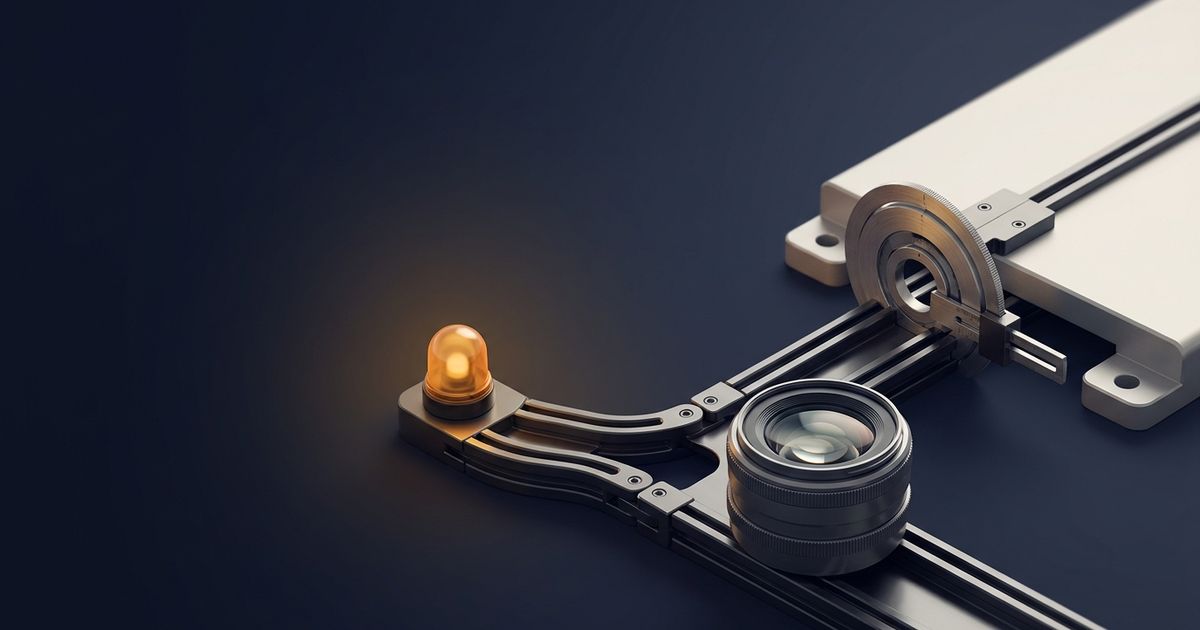 A camera lens approaches a fork where one path has a warning marker and the other leads through a precise mechanical fitting test
