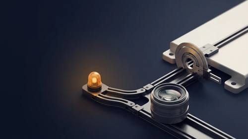 A camera lens approaches a fork where one path has a warning marker and the other leads through a precise mechanical fitting test