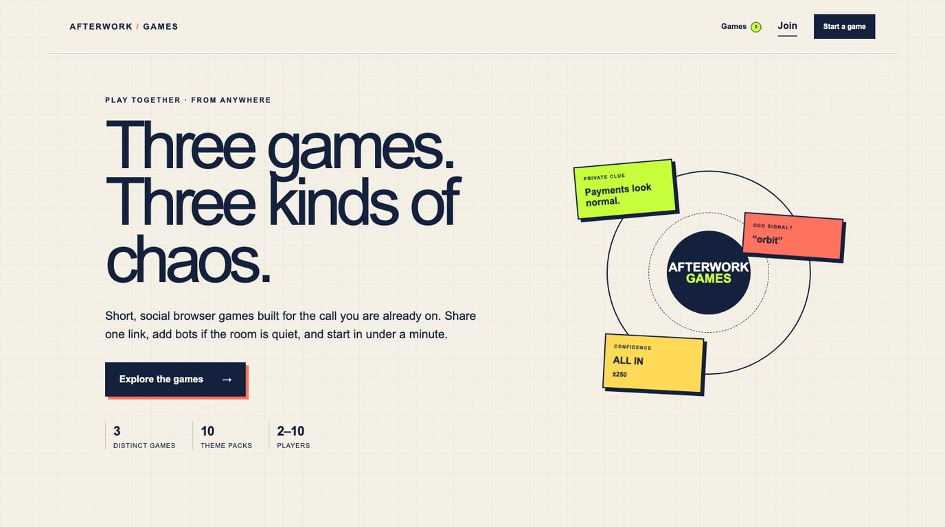 Afterwork Games landing page with colourful cards for group browser games.