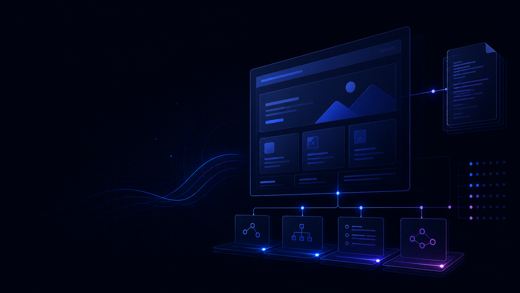 A dark blue website map connected to machine-readable documents and agent tools