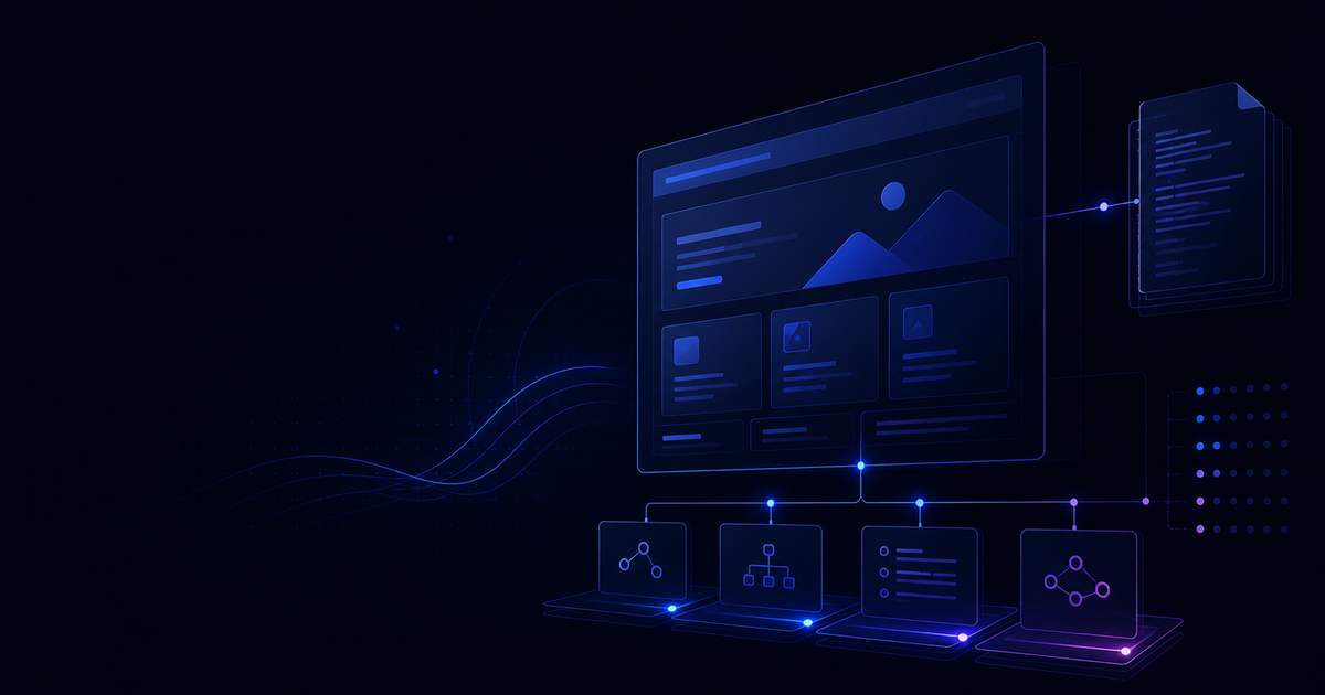 A dark blue website map connected to machine-readable documents and agent tools