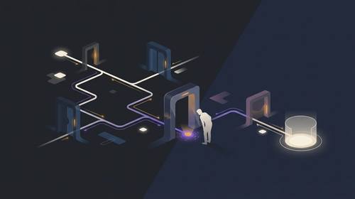 A code change moving through a series of careful review gates before reaching a production environment