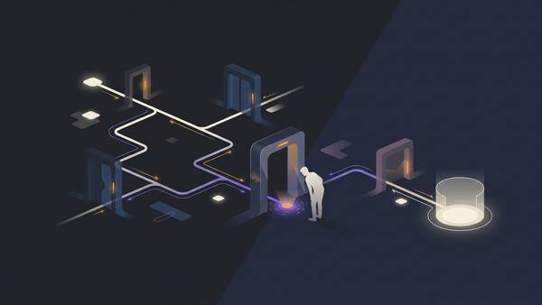 A code change moving through a series of careful review gates before reaching a production environment