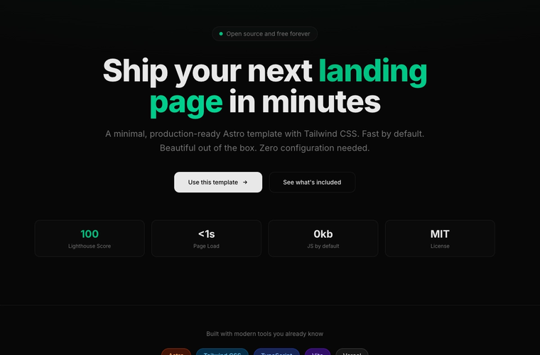 An Astro landing page template with a dark product hero and clear feature sections.