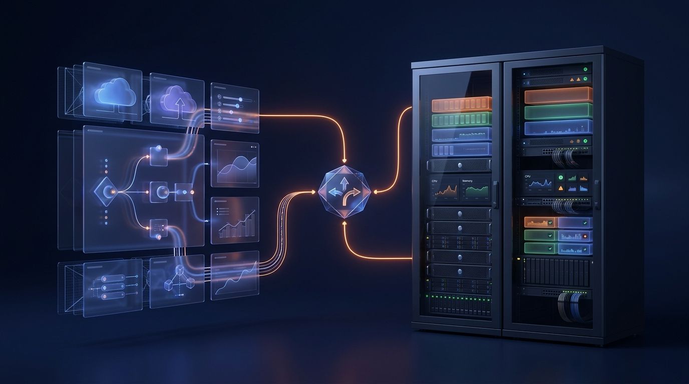 Two connected automation control panels, one managed in a cloud and one running on a private server rack, shown in a clean dark technical illustration.