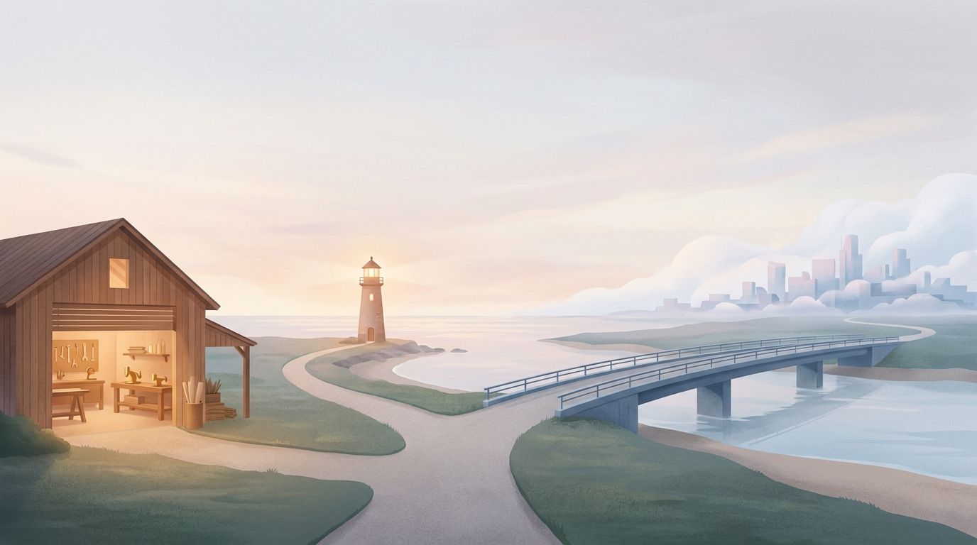 A coastal path divides between a warm workshop and a cool cloud city before joining at a lighthouse.