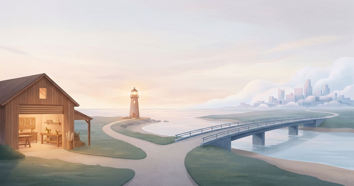 A coastal path divides between a warm workshop and a cool cloud city before joining at a lighthouse.