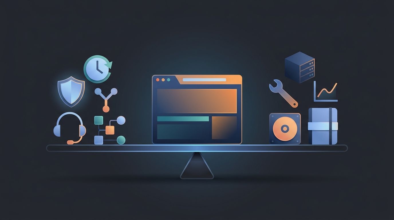 A WordPress site moves across a cost scale balancing managed hosting controls against server tools and recorded operations time.