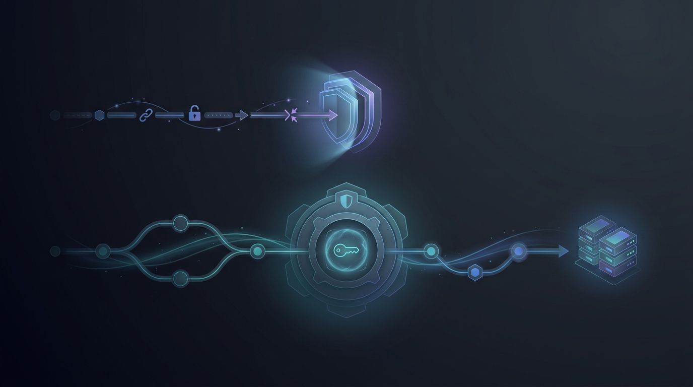 A protected deployment pipeline separating untrusted pull requests from a 1Password-backed production secret path