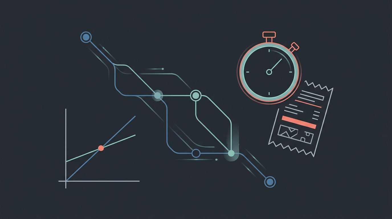 A stopwatch and a Git branch graph sit beside a subscription receipt and a small break-even chart.