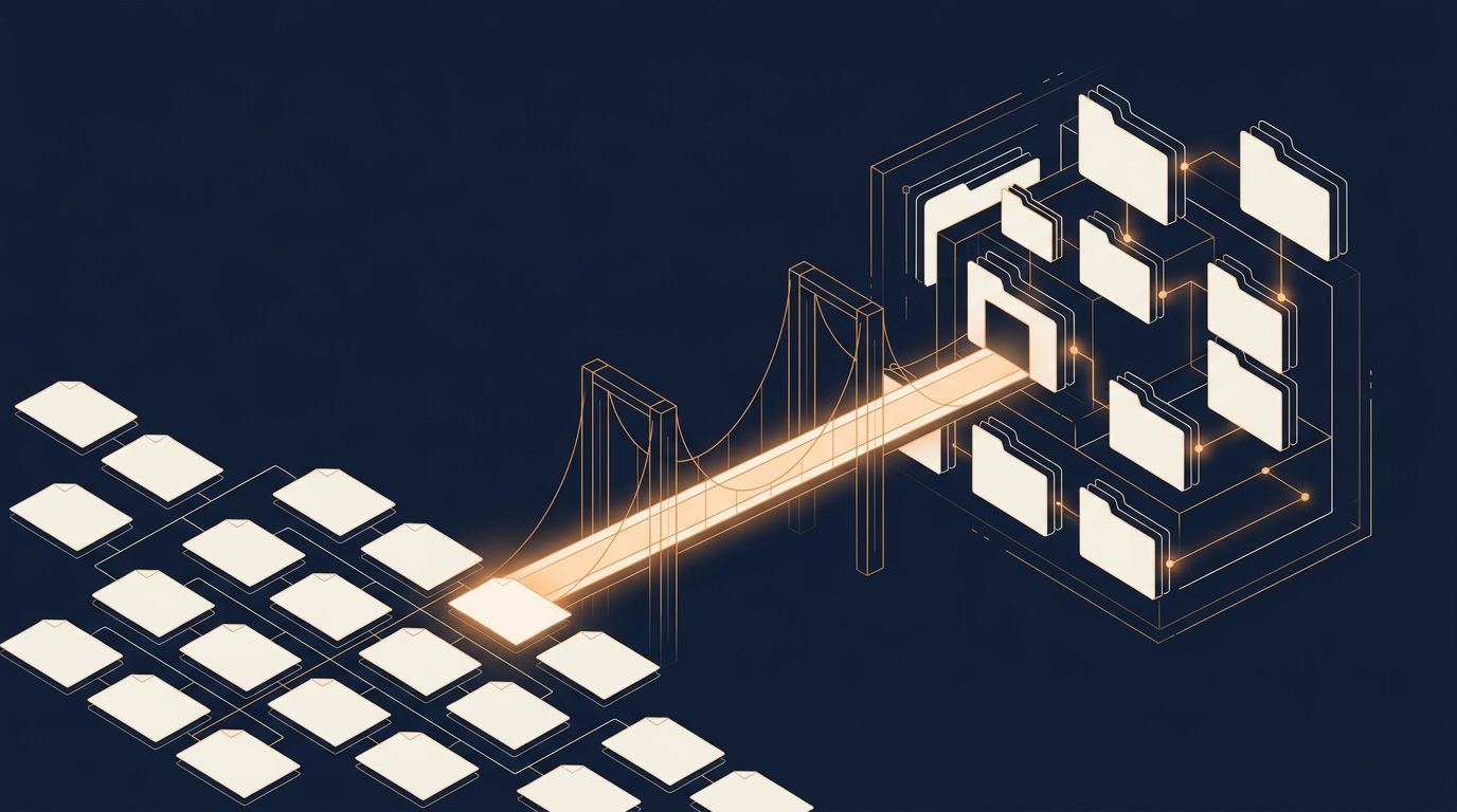 A set of route folders moving from one organized path into another, with a clear bridge between them.
