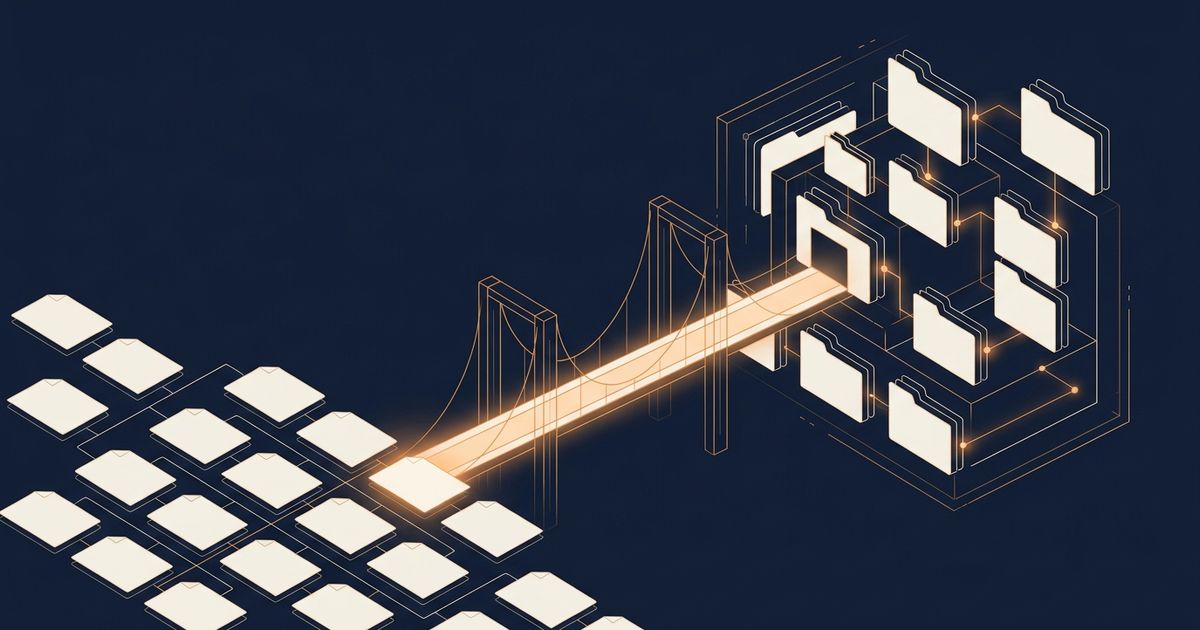 A set of route folders moving from one organized path into another, with a clear bridge between them.