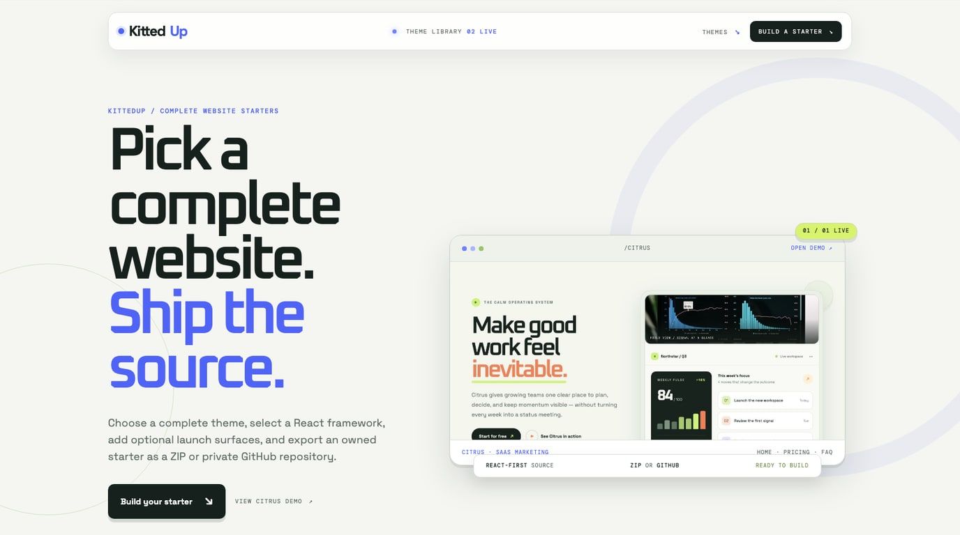 KittedUp website starter builder with theme choices and a live website preview.