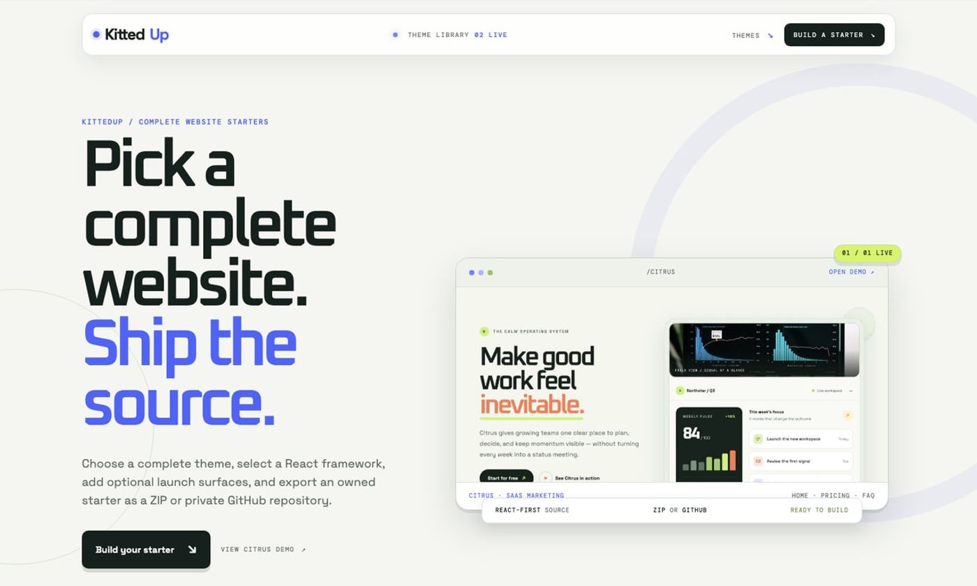 KittedUp website starter builder with theme choices and a live website preview.
