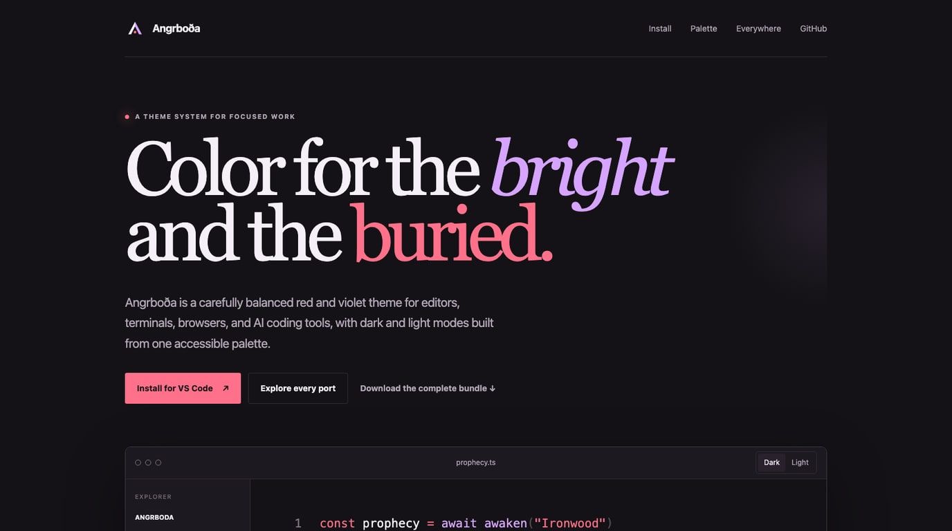 Angrboða theme system shown in a code editor with red and violet colours