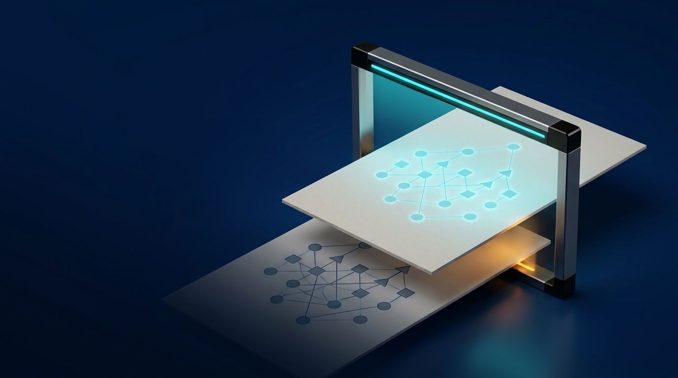 Two stacked lockfile sheets pass through one scanner; the upper dependency graph is lit while the lower graph remains in shadow