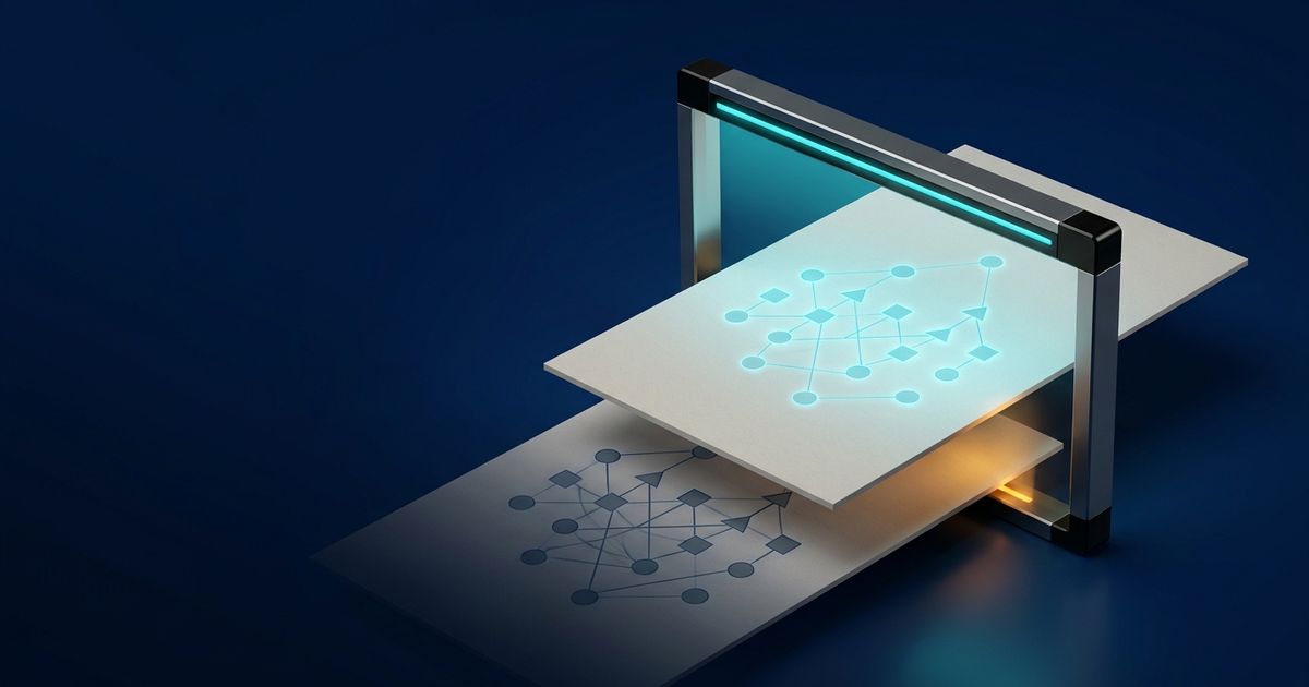 Two stacked lockfile sheets pass through one scanner; the upper dependency graph is lit while the lower graph remains in shadow