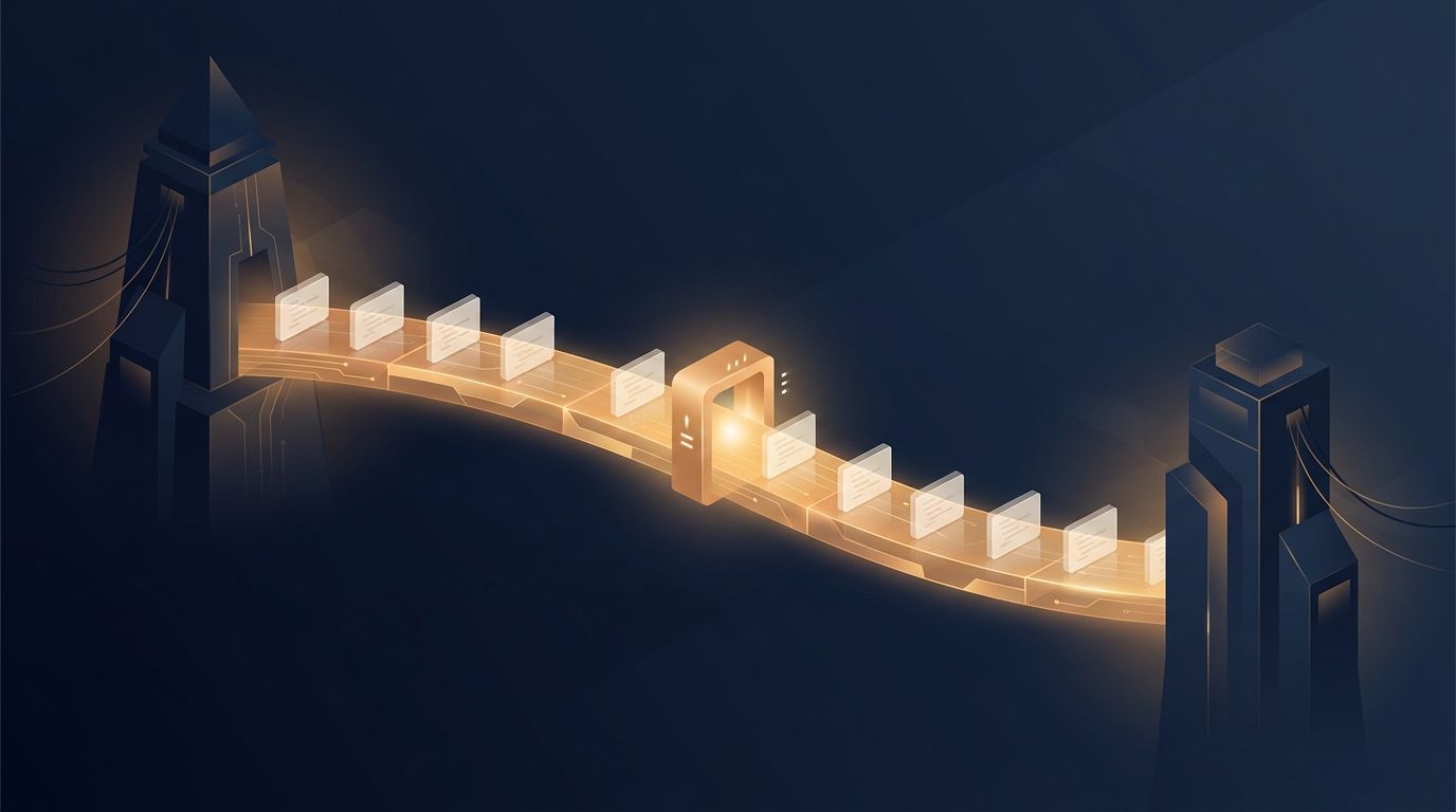 A glowing amber bridge connects two dark navy build towers while translucent modules move across it.