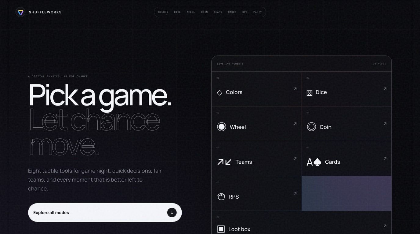 Shuffleworks browser tools for dice, wheels, teams, cards, and quick decisions.