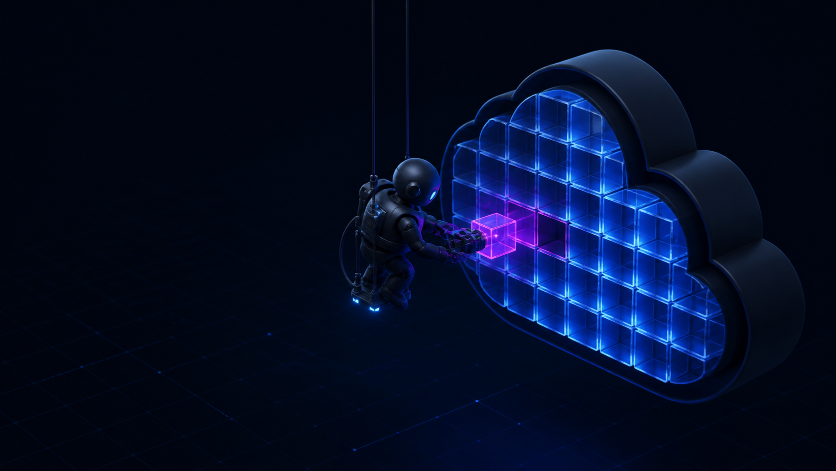 A dark worker module is repaired as a glowing type block snaps into a missing connection.