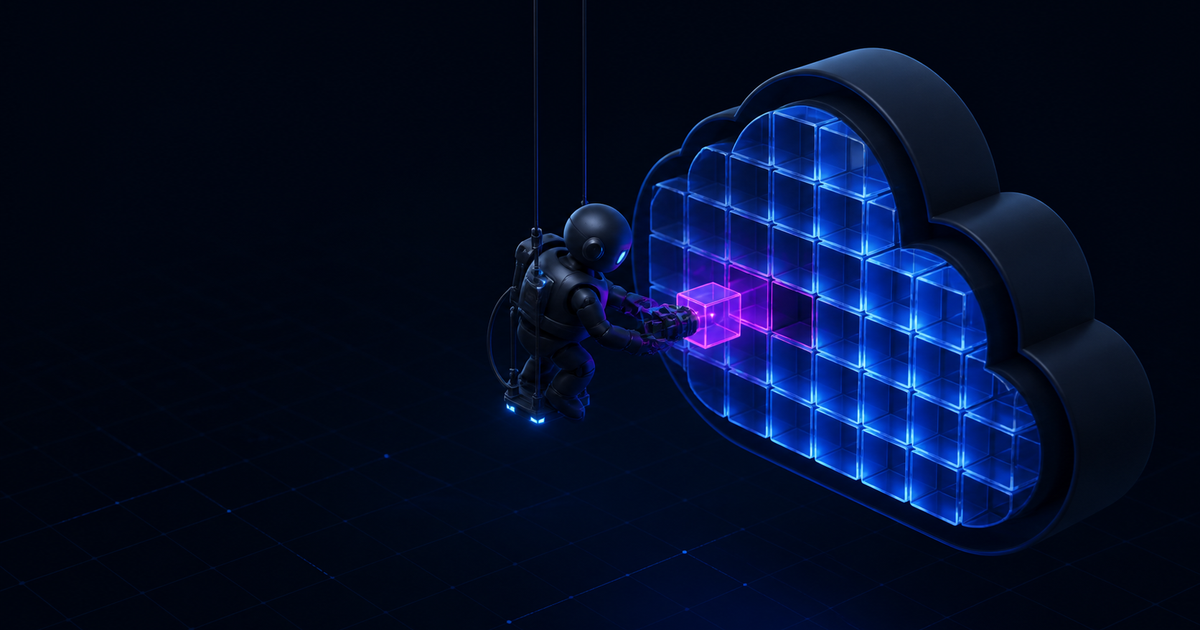 A dark worker module is repaired as a glowing type block snaps into a missing connection.