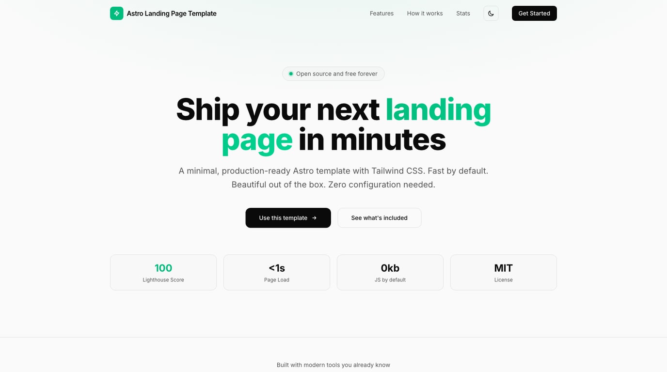 Astro landing page starter with a light layout, feature sections, and a clear call to action