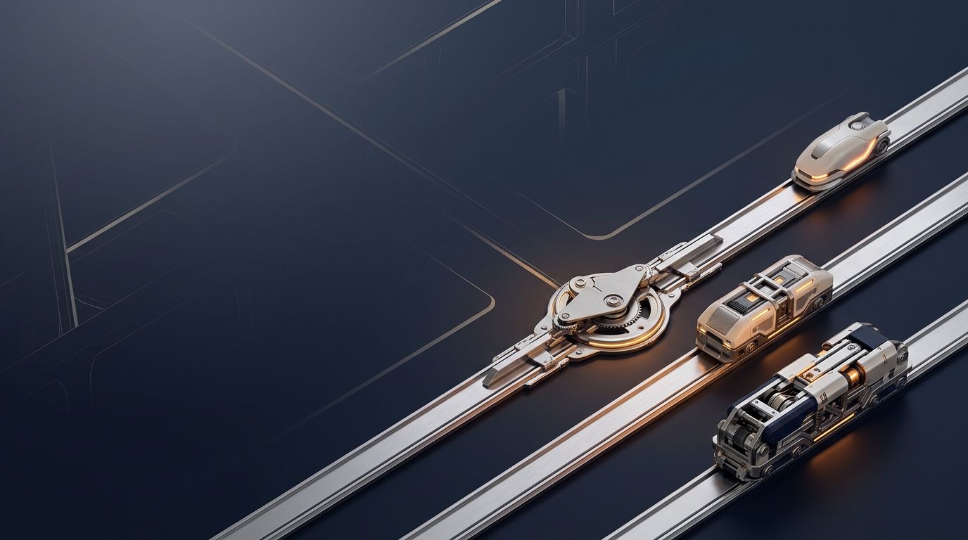 Three mechanical modules of different sizes travel on parallel rails beside a shared routing switch