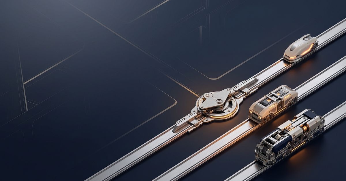 Three mechanical modules of different sizes travel on parallel rails beside a shared routing switch