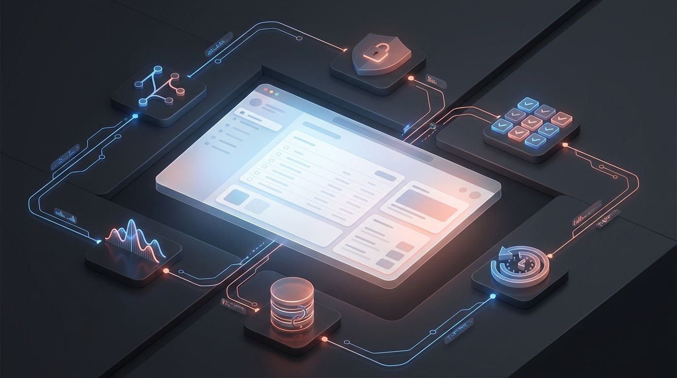 A developer release dashboard connects source control, security checks, tests, monitoring, and rollback around an AI-built web application.