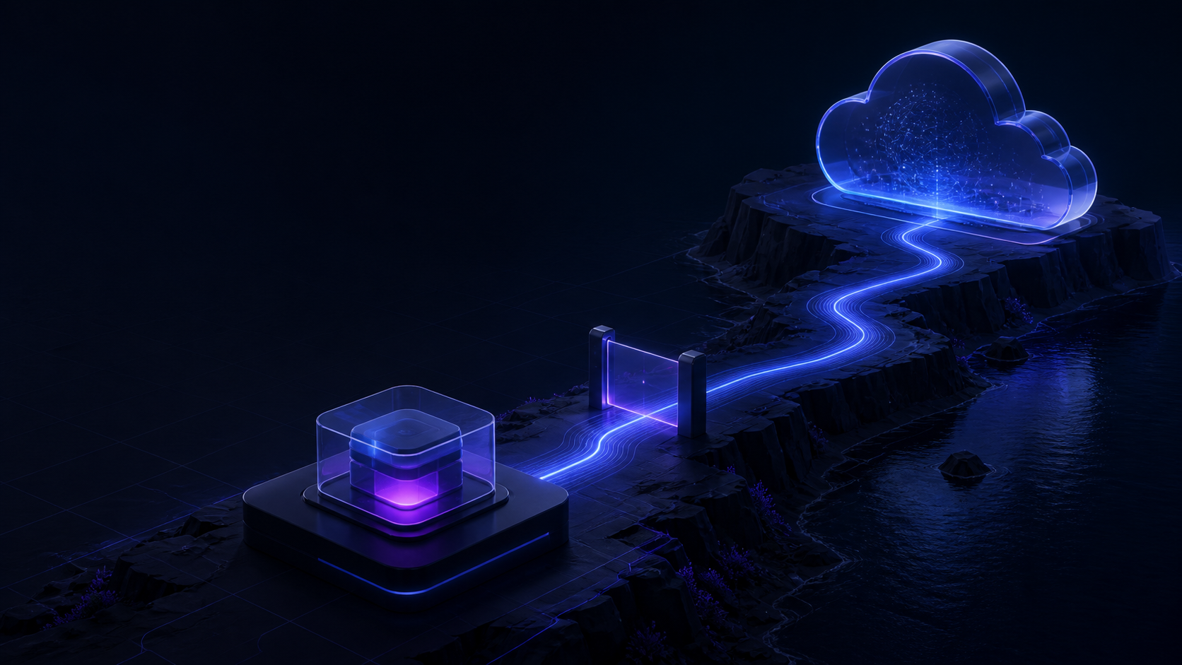 A glowing path crosses dark terrain from a software module to a cloud runtime.