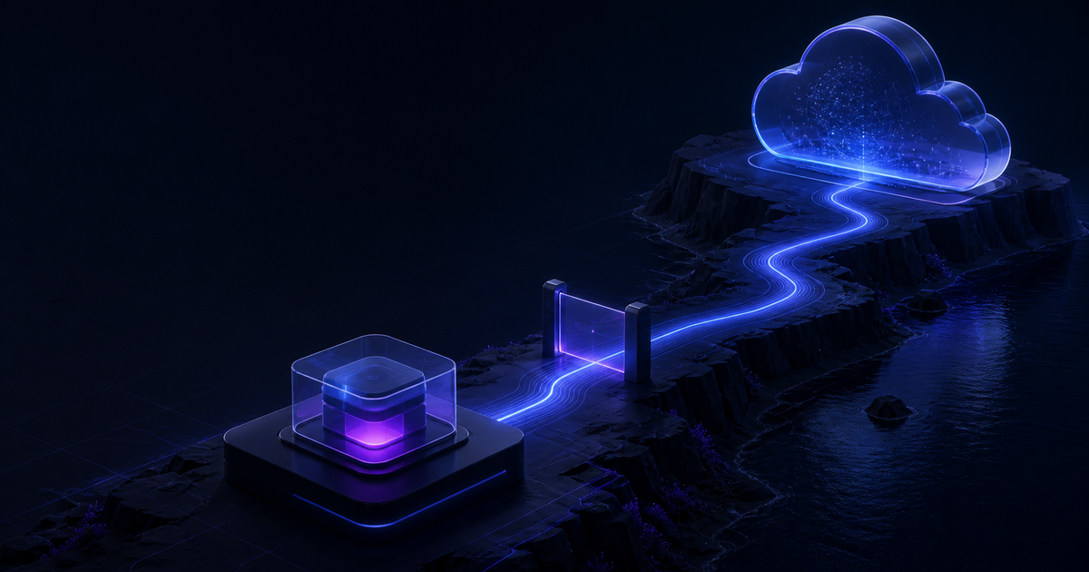 A glowing path crosses dark terrain from a software module to a cloud runtime.