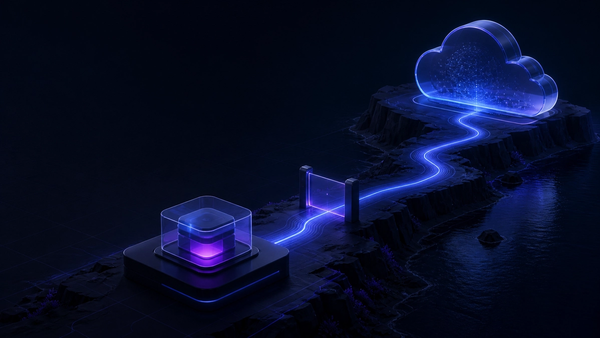 A glowing path crosses dark terrain from a software module to a cloud runtime.