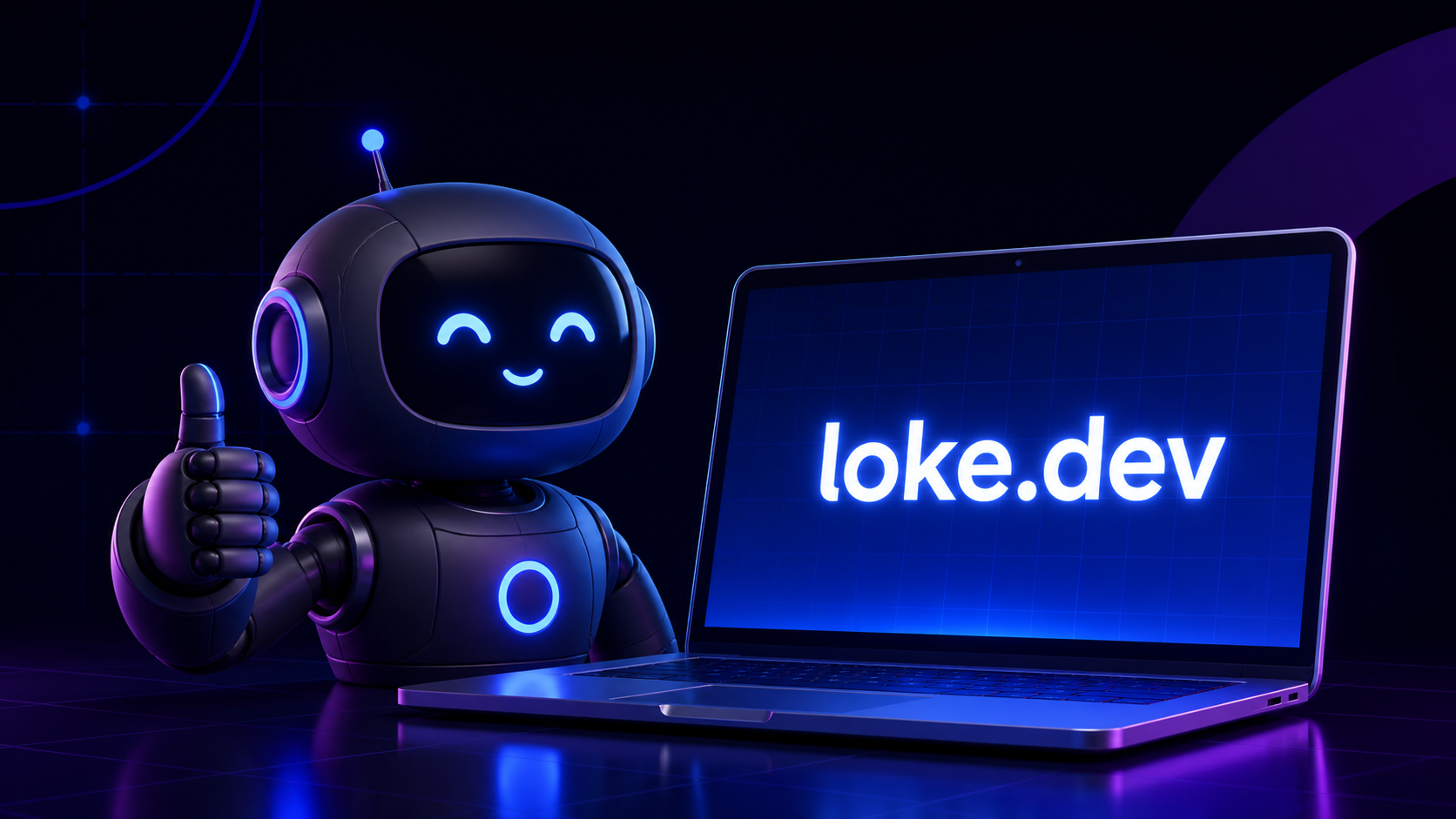 A friendly AI bot gives a thumbs-up beside a laptop displaying loke.dev.